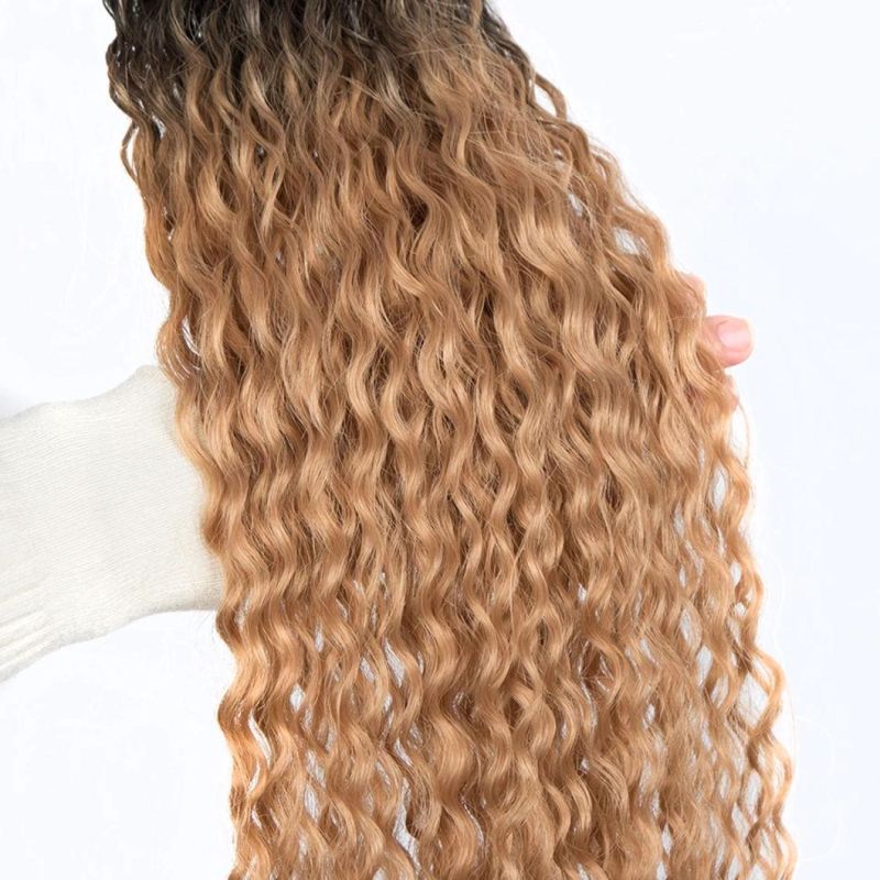Kinky Curly Ponytail Hair Bundles Soft Long Brazilian Human Hair Weave Ombre Brown Blonde Hair Extensions 32 Inches
