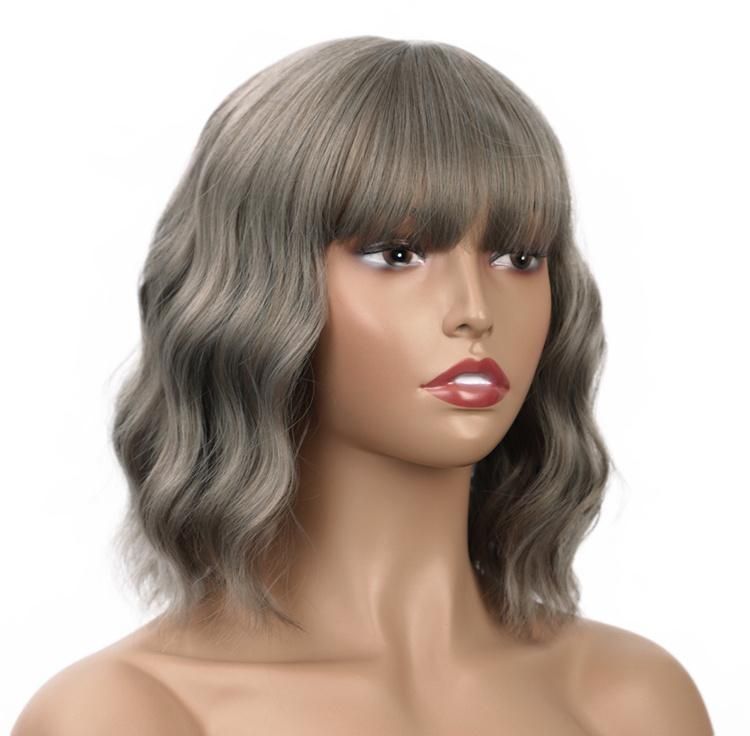 Short Wavy Short Bob Gray Wig with Neat Bangs for Black White Women