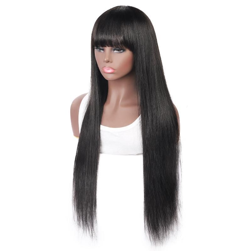 Long Straight Natural Color Straight Highlight Bangs Wig Human Hair Machine Made None Lace Wig