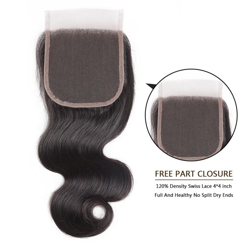 Brazilian Body Wave Virgin Human Hair Lace Closure 4X4 Free Part Natural Black