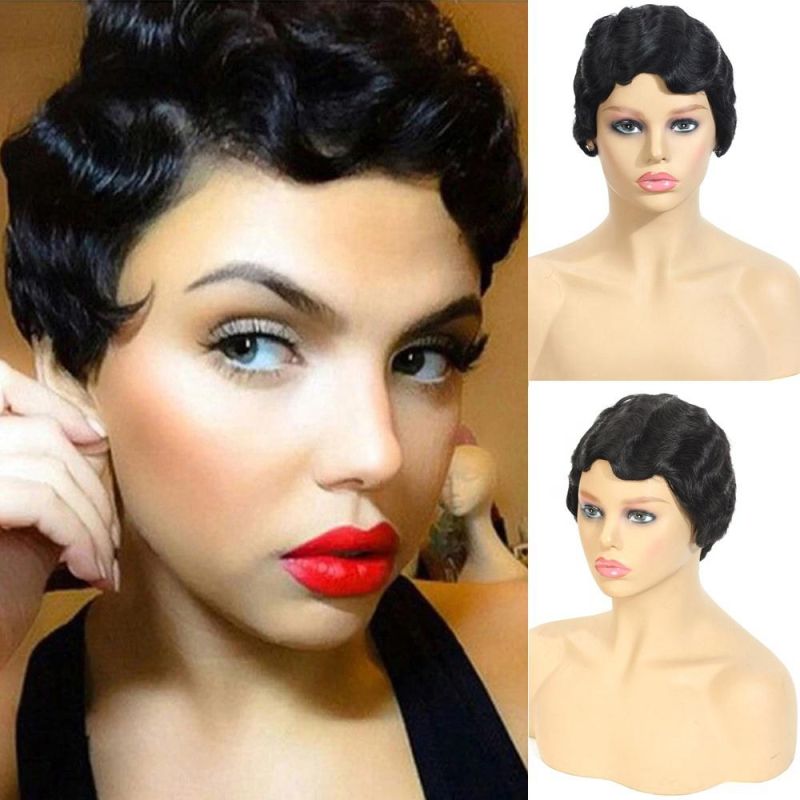Kbeth Unique Design Short Hair Wigs for Sexy Women Custom Accept Luxury Remy Real 10inch Brazilian Human Hair Machine Made Black Color Curly Wave Wig