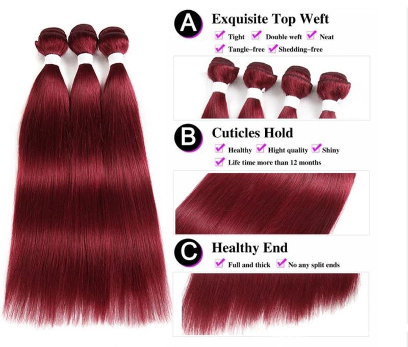 Burgundy Red Color Bundles with Frontal Brazilian Straight Human Hair Weave Bundles Non-Remy Hair Extension