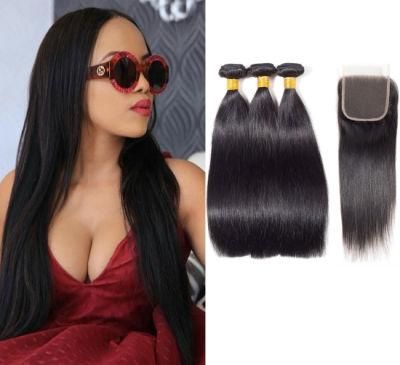 Straight Human Hair Boundles with Closure Natural Color