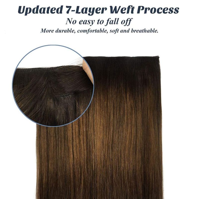 Human Hair Extensions Dark Brown Mixed Chestnut Brown 20 Inch Real Hair Extensions Hidden Crown Wire Extensions with Transparent Fish Line Hairpiece