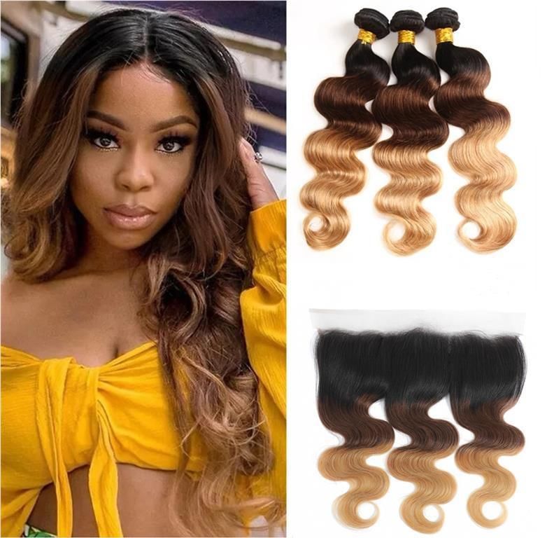 Brazilian Body Wave Human Hair Bundles with Lace Frontal Closure Ombre Brown 3 Tone 1b/4/27 Colored Human Hair Weave Bundle with Frontal Remy Hair Weaving