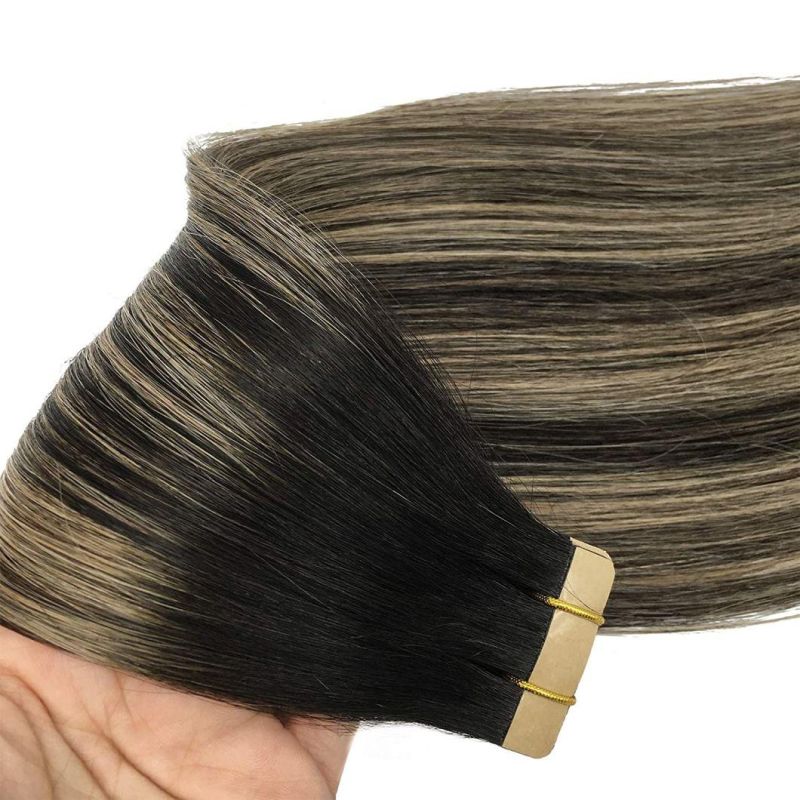 20 Inch Tape in Hair Extensions Human Hair Balayage Natural Black to Light Blonde Color Real Hair Extensions 20PCS 50g Straight Tape in Hair Extensions