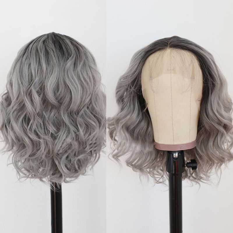 Short Bob Ombre Glueless Lace Front Wigs 1b/Gray Wavy Style Heat Resistant Fiber Synthetic Hair Wig