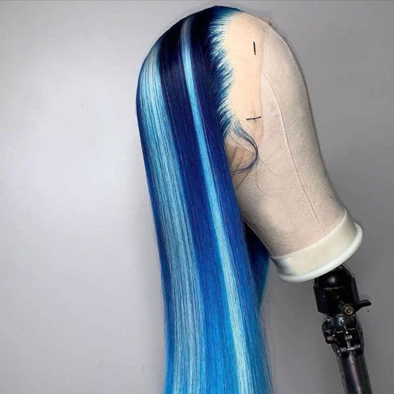 Blue Straight Wig Highlight Wig Human Hair Colored Brazilian Human Hair Wigs Lace Front Wig Transparent HD Lace Frontal Wigs 20 Inches for Women 150%