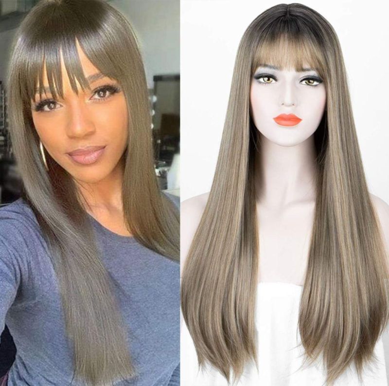 18 Inch Long Straight Wig with Bangs Synthetic Wigs for Women