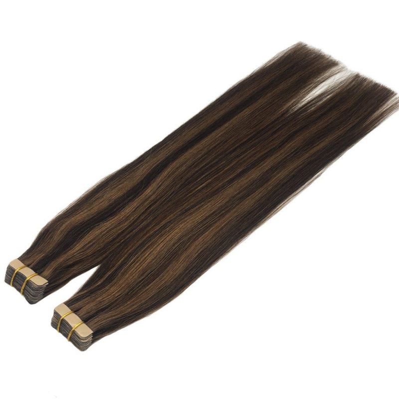 Remy Hair Extensions Tape in Human Hair Ombre Dark Brown Highlighted Chestnut Brown Real Hair Extensions Tape in Straight 20PCS 50g 18inch