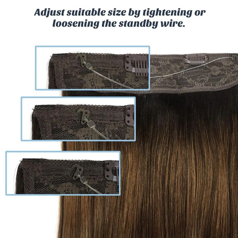 Human Hair Extensions Dark Brown Mixed Chestnut Brown 16 Inch Real Hair Extensions Hidden Crown Wire Extensions with Transparent Fish Line Hairpiece