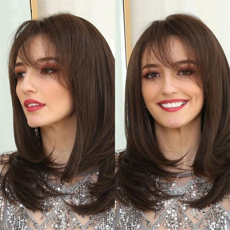 Long Natural Wave Brazilian Wig Black Light Brown Ombre Lace Front Hair Wig with Closure Bangs for Black White Women Daily Use Fluffy Wigs 22 Inch