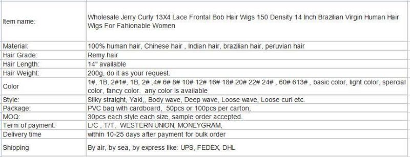 Wholesale Jerry Curly 13X4 Lace Frontal Bob Hair Wigs 150 Density 14 Inch Brazilian Virgin Human Hair Wigs for Fahionable Women