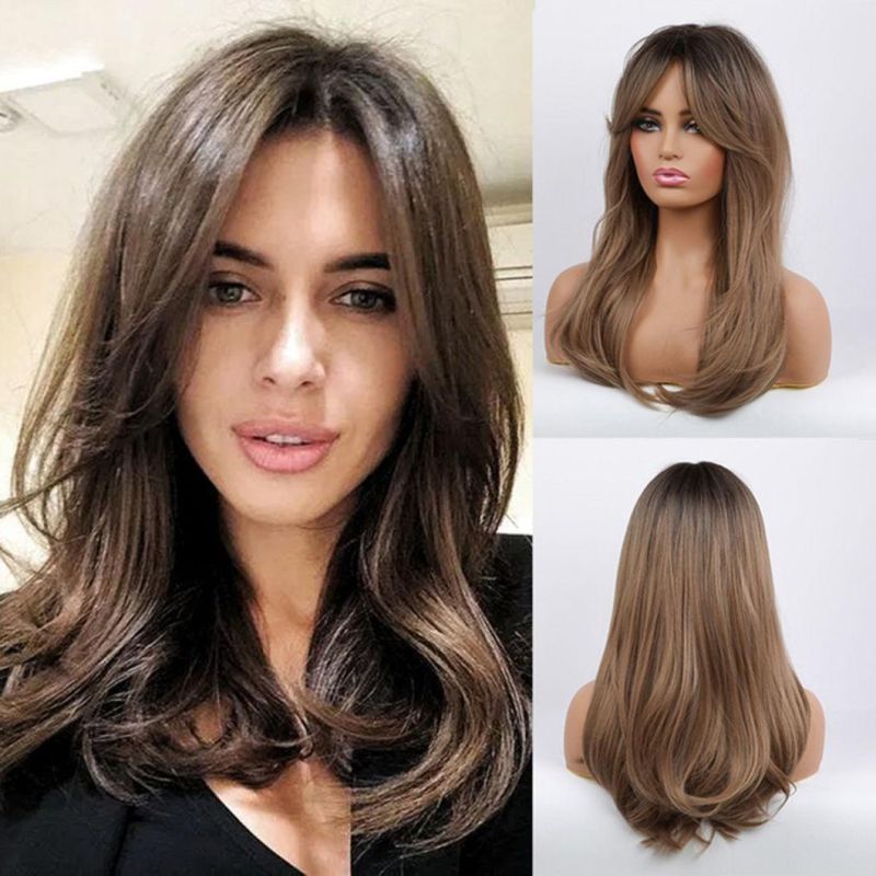 Long Natural Wave Brazilian Wig Black Light Brown Ombre Lace Front Hair Wig with Closure Bangs for Black White Women Daily Use Fluffy Wigs 22 Inch