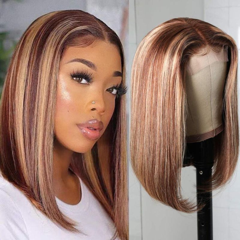 Short Blond Bob Wig Human Hair for Black Women Brazilian Remy Straight Hair Highlight Colored Lace Front Closure Bob Wigs Pre Plucked with Baby Hair 14 Inch