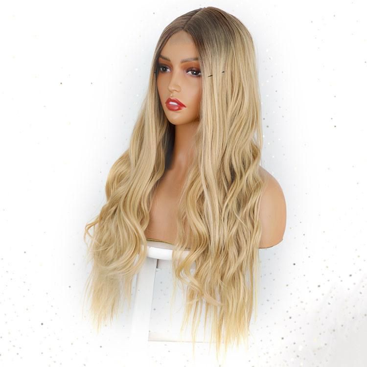 24inch Ombre Blonde Middle Part Natural Hairline Dark Roots Synthetic Long Body Wavy Wigs