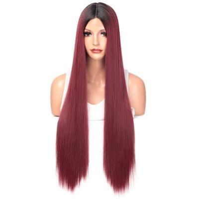 28inch Long Straight Ombre Wine Red Dark Root Wig Middle Part Lace Synthetic Wigs