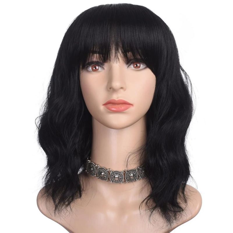 Short Black Wavy Bob Wig with Bangs for Women