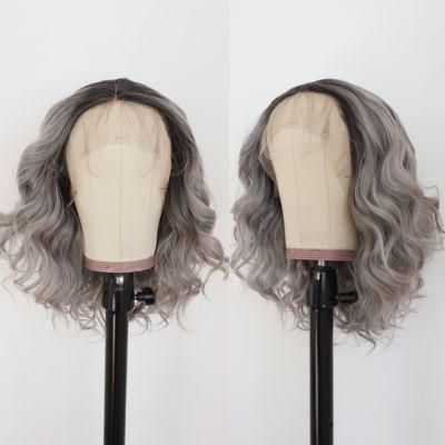Short Bob Ombre Glueless Lace Front Wigs 1b/Gray Wavy Style Heat Resistant Fiber Synthetic Hair Wig