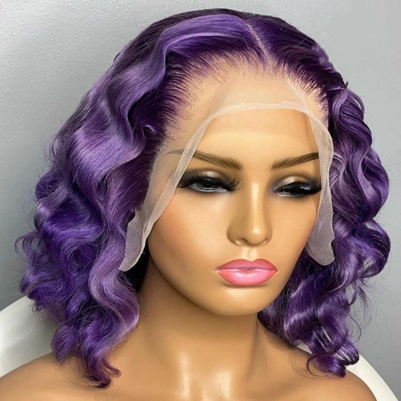 Purple Color Deep Wave T Part Lace Wigs with Natural Hairline Brazilian Remy Human Hair Bob Wig for Women