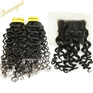 Unprocessed Natural Black Human Hair Italy Curly Malaysian Remy Hair Bundle with Closure