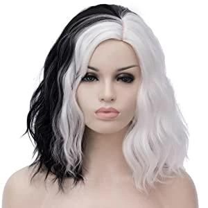 Black White Wigs for Cruella Women 14‘ ’ Short Bob Wavy Soft Hair Wig, Cute Wigs for Party Cosplay with Comfortable Wig Cap