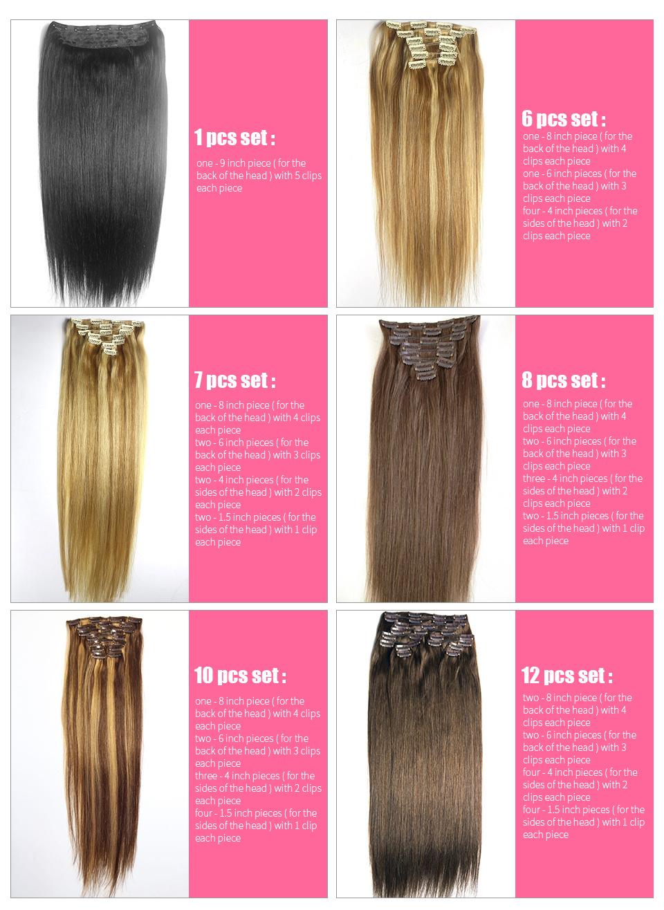 160g 26" Machine Made Remy Hair 8PCS Set Clips in 100% Human Hair Extensions Full Head Set Straight Natural Hair