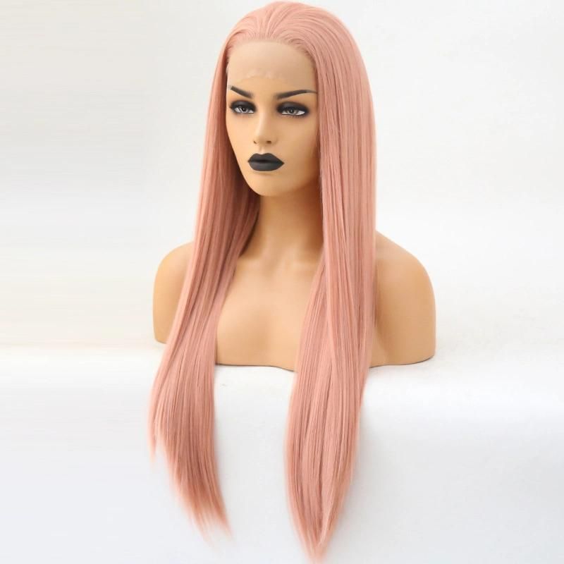 China Wig Synthetic Fiber Lace Frontal Long Straight Pink Natural Hair Wig