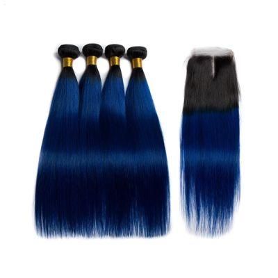 Straight Ombre Hair Bundles with Closure Blue Brazilian Human Hair Weave Bundles with Closure Remy Hair