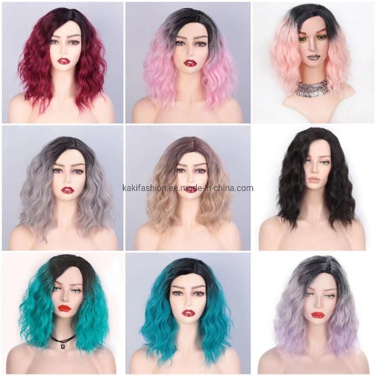Kakiifashion Hair Wholesale Cosplay Vendor Cheap Curly Water Wave Ombre Pink Short Bob for Black Women Synthetic Hair Wigs