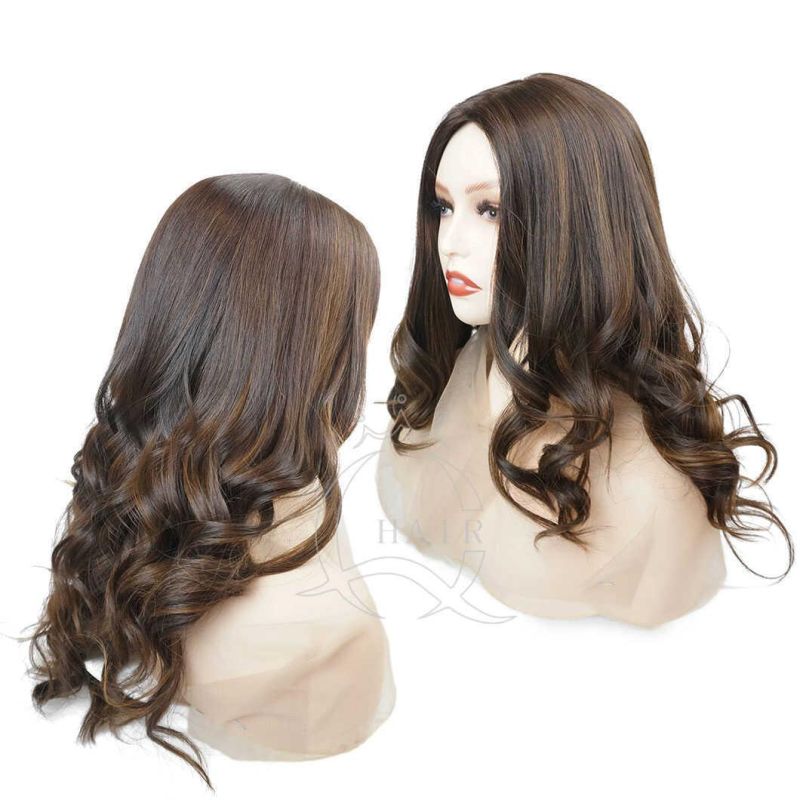 22 Inch Big Layer Dark Brown Color with Highlight Color Straight Natural Hair Wig Kosher Jewish Silk Top Wig Lace Top Lace Frontal Lace Closure Wig