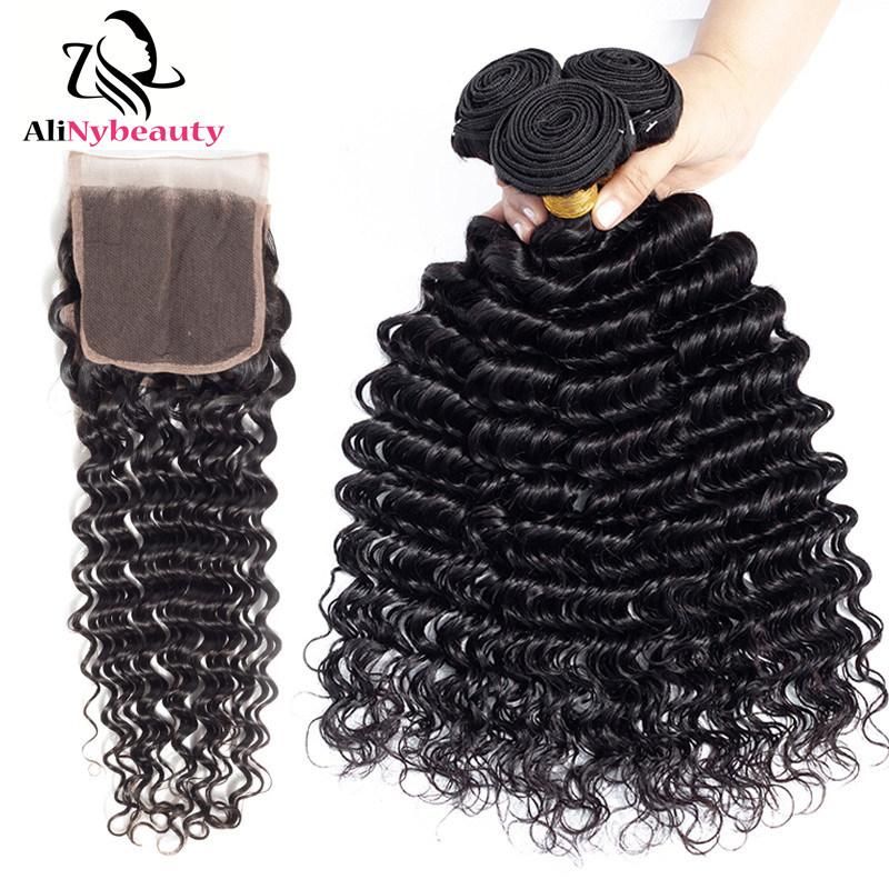 Alinybeauty Brazilian Human Hair Weave Bundles with Lace Closure