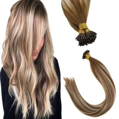 Balayage I Tip Hair Extensions, Medium Brown to Platinum Blonde Mixed Brown Real Human Hair Extensions I Tip 18inch 50g/Pack