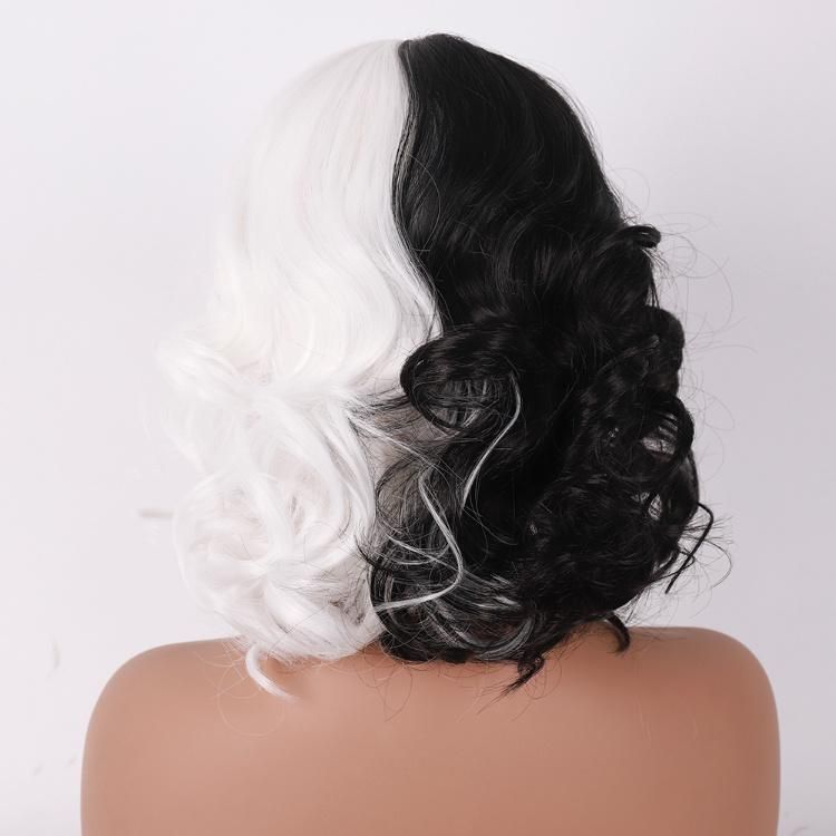 Synthetic Hair Wigs with Bangs Black and White Two Tone 20 Inch Straight and Curly Luxury Custom Design Wig