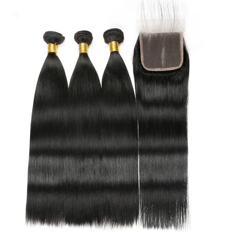 Brazilian Straight Weave Hair Bundles with Closure 3 Bundles Brazilian Hair Weave Bundles with Closure Remy Hair Weft