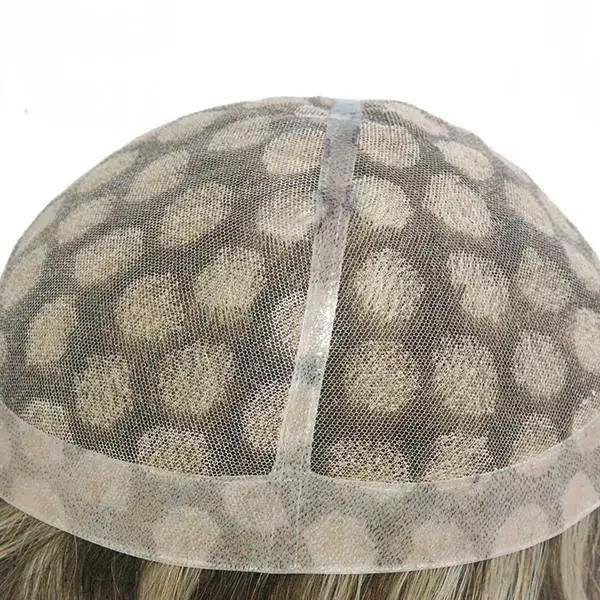 Men′s Natural Human Hair Toupee French Lace with Clear PU Around with Spot Highlight