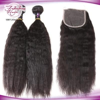 Kinky Straight Human Hair Bundles with Lace Closure