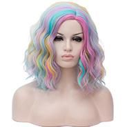 Aicos Rainbow Pastel Pinky Yellow Pink Blue Green 35cm Short Curly Halloween Party Anime Cosplay Wig for Women, Heat Resistant Full Wig +Cap