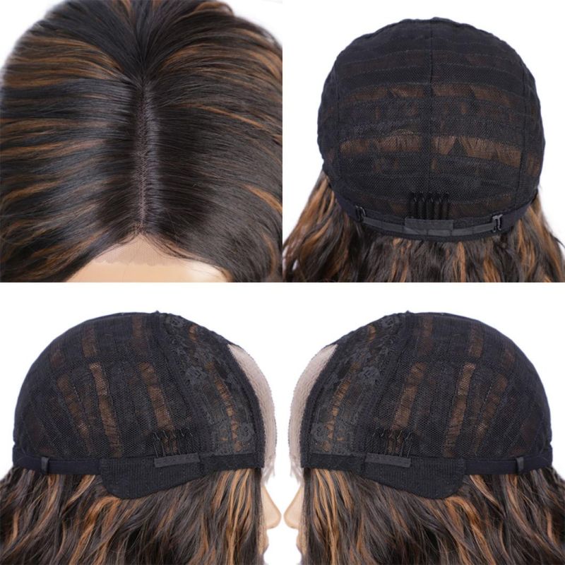 14 Inch Human Brazilian Hair Wigs Lace Front Middle Part Mixed Black Color and Brown Natural Wave Wig for Black Women