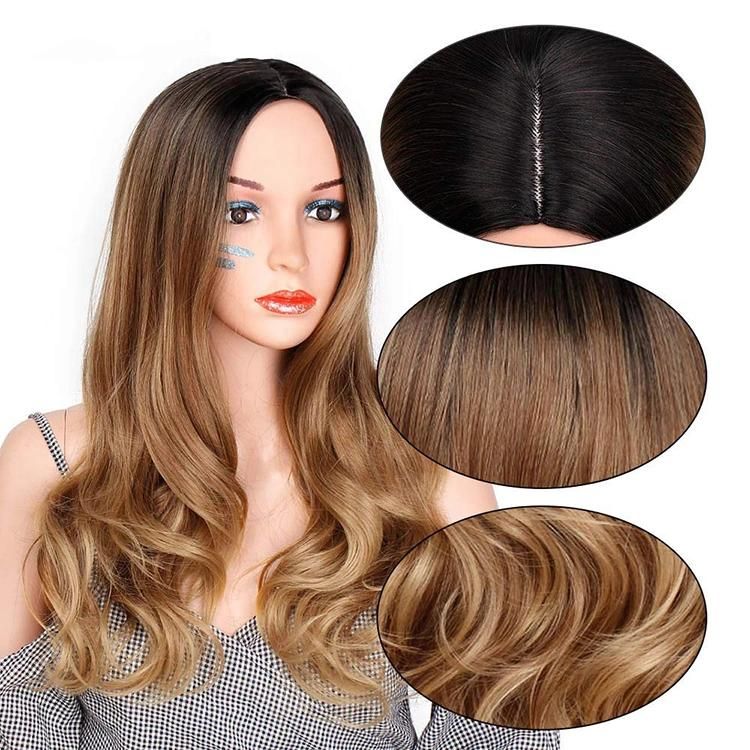 High Quality Body Wave Ombre Brown Dark Root Wigs Middle Part Long Wavy Synthetic Hair Wigs