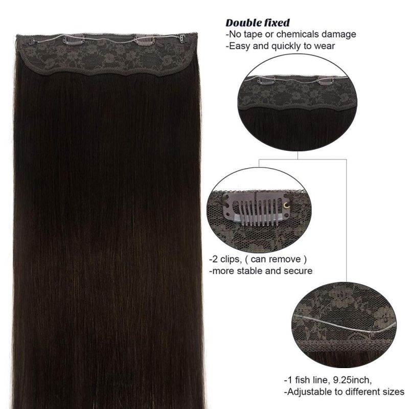Hair Extensions Human Hair Dark Brown 20 Inch Remy Wire Hair Extensions Hairpiece Straight Natural Hidden Crown with Transparent Fish Line Invisible
