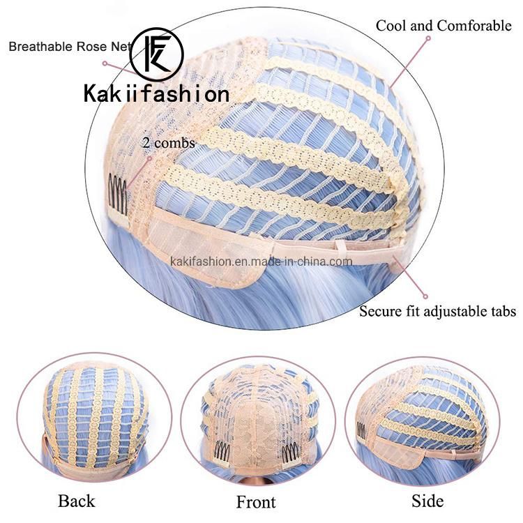 Kakiifashion Hair Blue Color Wholesale Heat Resistant Short Bob Silly Straight Synthetic Hair Wigs