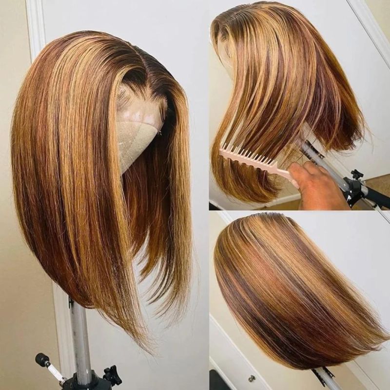 Highlight Glueless Bob Wig Straight 4/27 Ombre Brazilian Brown Blonde 4× 1 Lace Front Human Hair Wigs