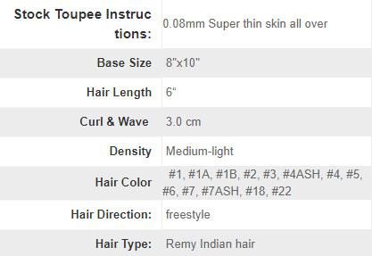 Indian Remy Hair Replacement Super Thin Skin Stock Toupee