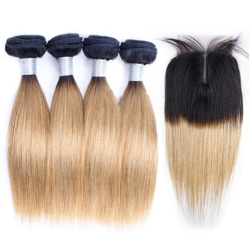 Brazilian Human Hair Bundle with Lace Closure Middle Part Ombre Honey Blonde Straight Remy Human Hair Short Bob Style