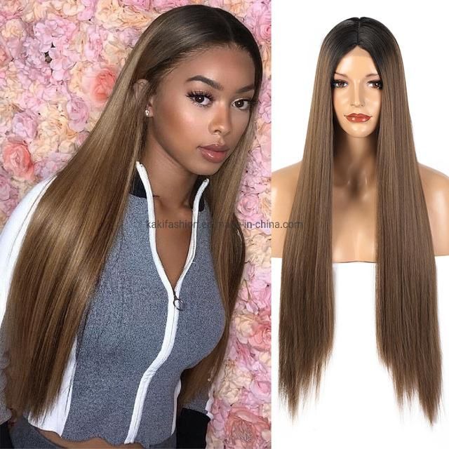 Cheap Long Silky Straight Wave Ombre Brown Middle Part Lace Front Synthetic Hair Wigs