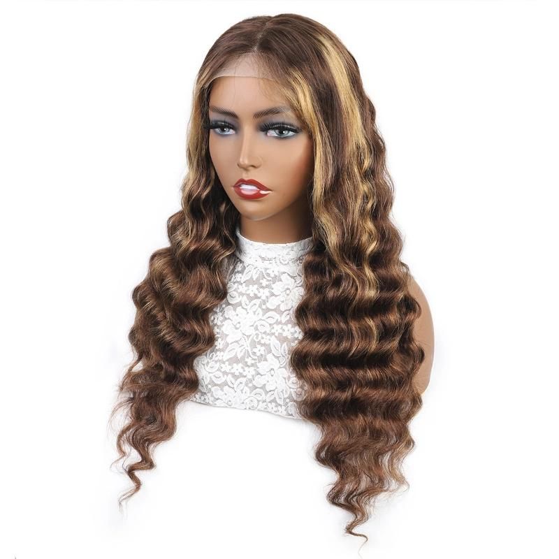 4*4 Lace Frontal Wig Loose Deep Curly Human Hair Wigs Piano Color #P4/27