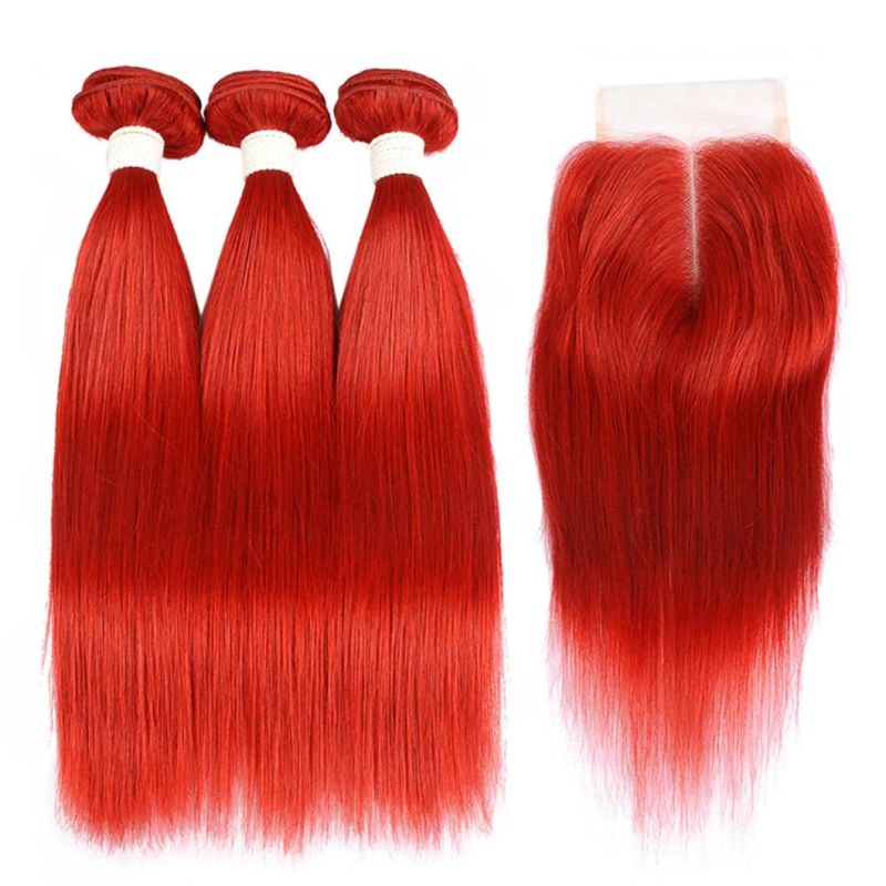 Red Bundles with Closure 99j Burgundy Straight Hair Brazilian Human Hair with Closure Remy Hair 10-30 Inches
