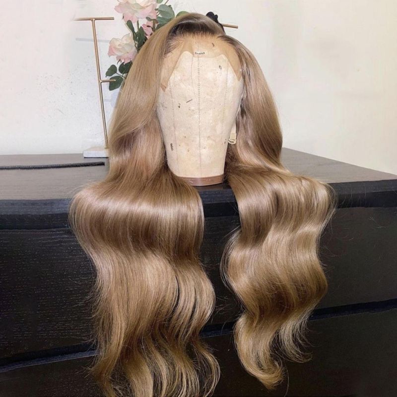 Long Ombre Light Ash Brown Blonde Wavy Wig Human Hair Wig for Women 150 Density T Lace Part Wig Remy Brazilian