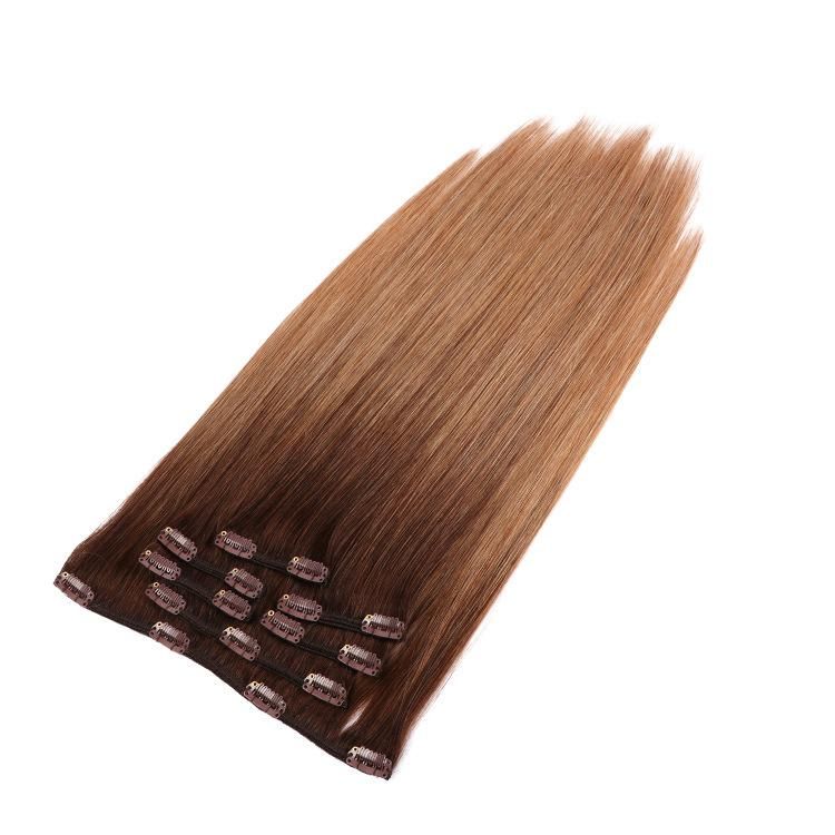 Double Drawn Piano Color Russian Hair Seamless PU Skin Weft Clip in Hair Extension #T4/12